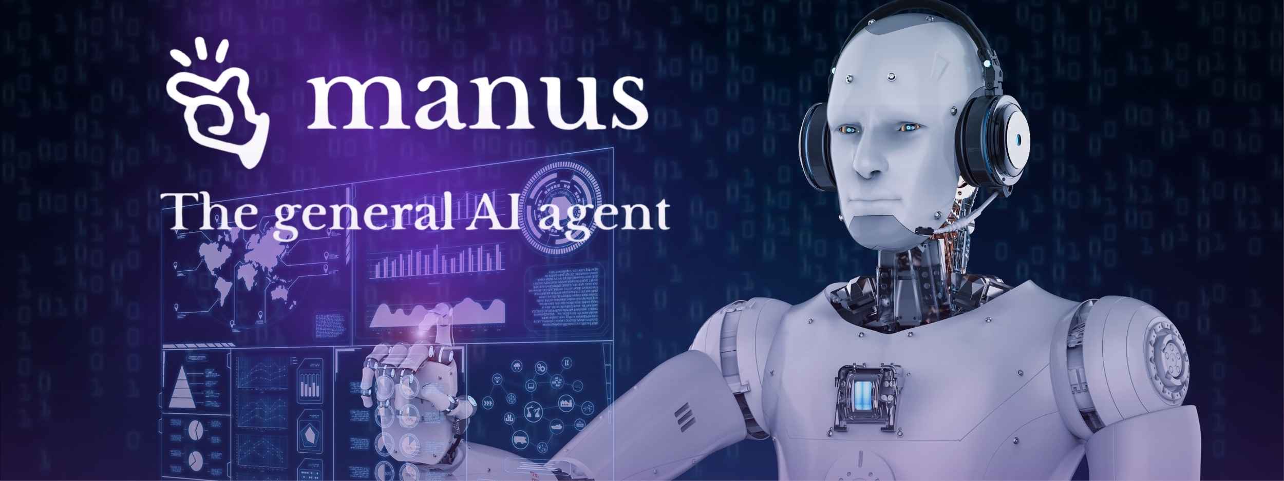 Imagen de robot humanoide haciendo tareas en una pantalla virtual. El logo de Manus con el texto The general AI agent. fondo azu oscuro,