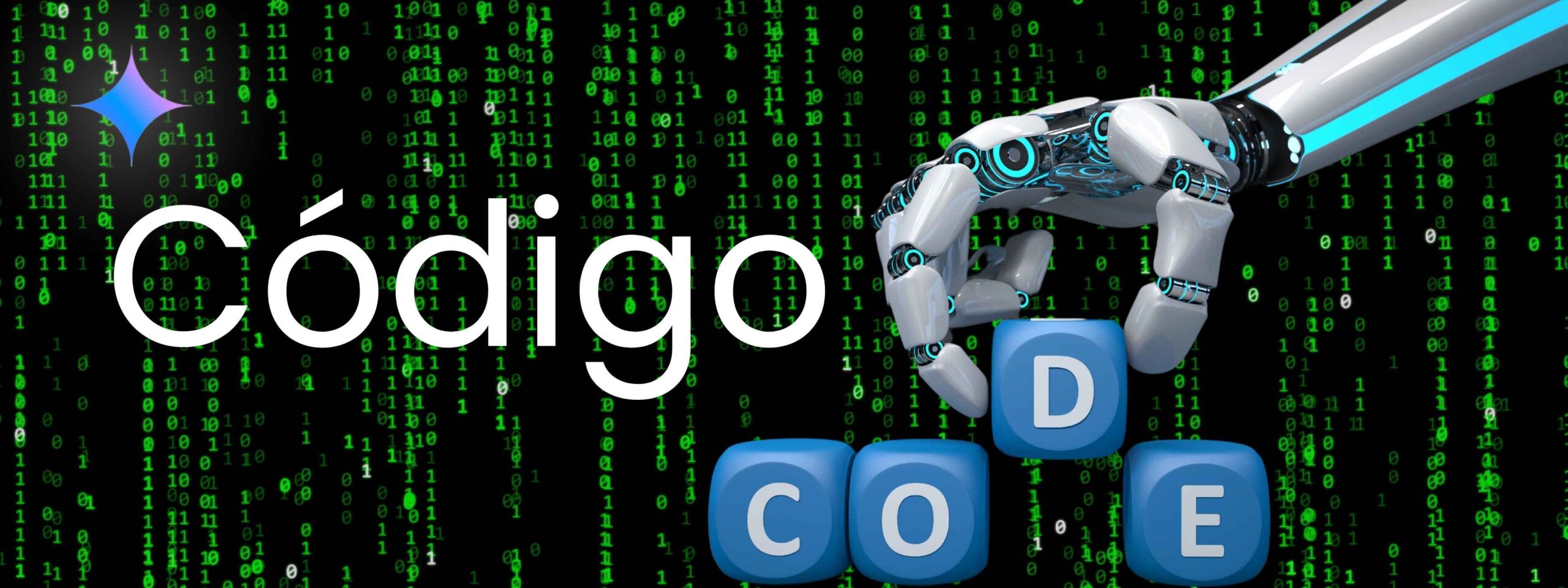 Código Imagen de un robot humanoide escribiendo la palabra CODE con dados con letras. Al lado izquierdo la palabra Código, fondo código binario, unos y ceros, ceros neón sobre fondo negro.
