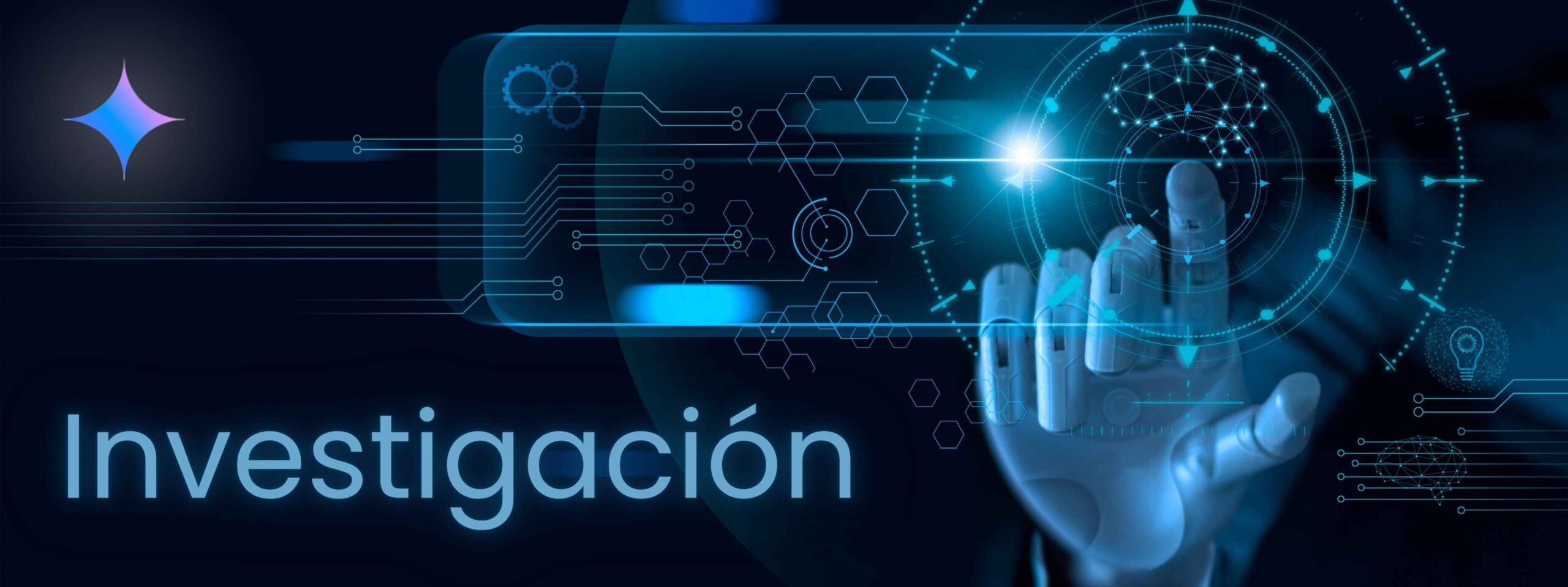 investigación Imagen de una mano de un robot humanoide sobre una pantalla virtual, colores neón azul sobre fondo oscuro. Junto con la palabra investigación.