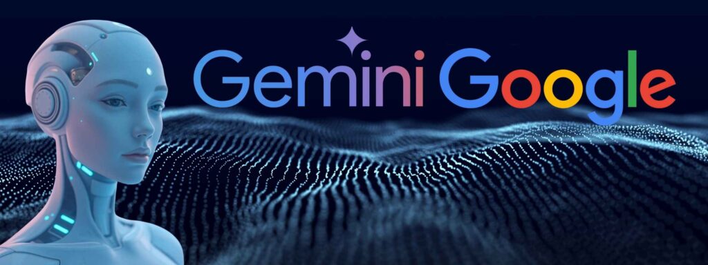 Imagen sobre inteligencia artificial, un robot humanoide, junto a los logos de Google y Gemini